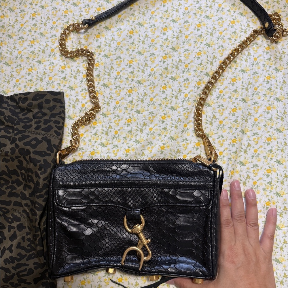 Rebecca Minkoff Mini MAC Crossbody – Black Embossed Leather with Gold Hardware